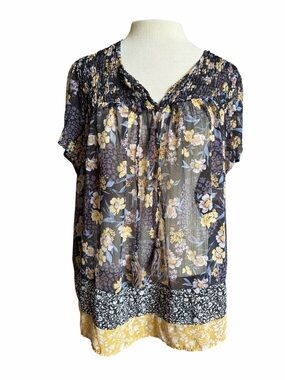 Boho Floral Tie-Front Blouse - Yellow & Black Sheer